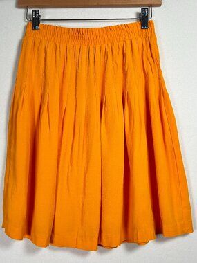Vintage Carole Little Petite Orange Pleated Midi Skirt Elastic Waist Crepe Vtg